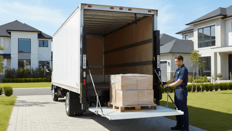 Professional delivery driver using hydraulic liftgate to safely lower palletized freight for residential delivery