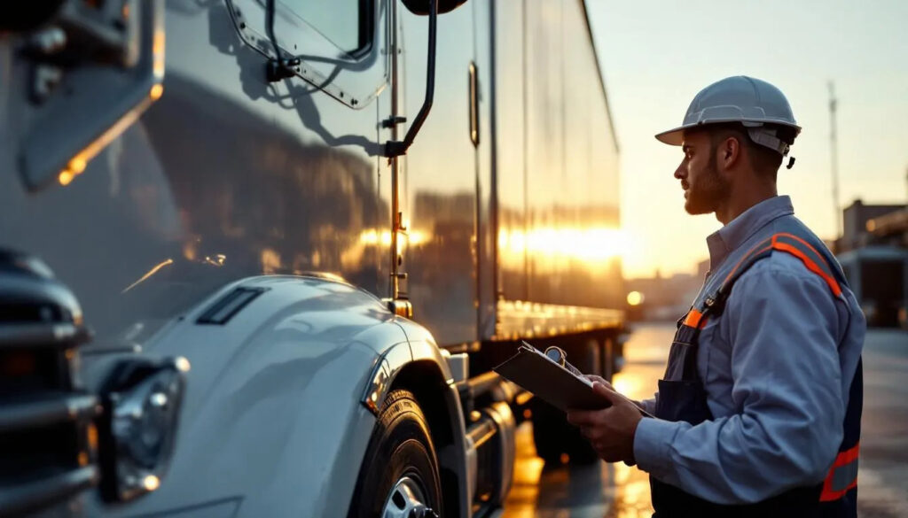 Professional driver performing DOT pre-trip inspection on medium-duty Freightliner truck with checklist