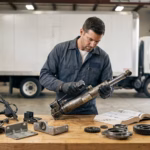 Mechanic inspecting used truck suspension part on a workbench inside a commercial truck maintenance garage.